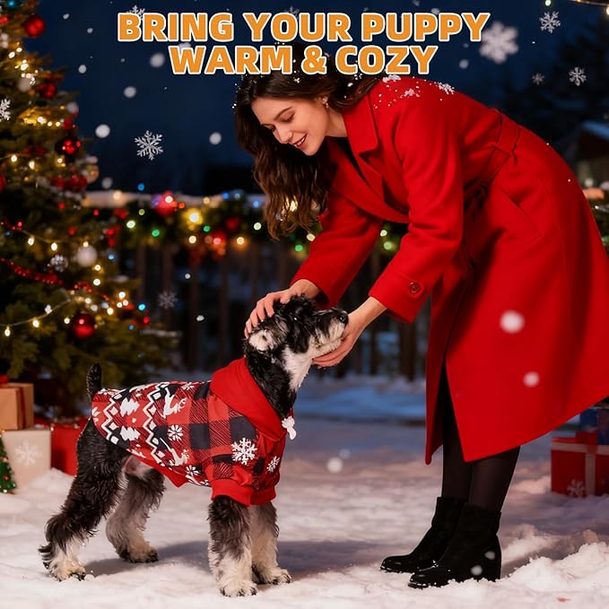 KOOLTAIL Christmas Dog Hoodie, Red Plaid Pet Sweater, Hat Hooded Sweatshirt Dog Clothes for Small Medium Large Dogs, Soft Warm Winter Cold Weather Coat with Leash Hole&Pocket, Reindeer Snowflake, L
