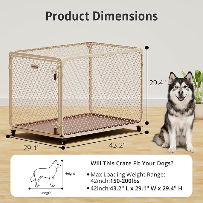 Dog Crate, 42 Inch Diamond Mesh Enhanced Dog Kennel with 4 Lockable Wheels, Leak-Proof Tray, Metal Cage Dog Crates for Large, XL Large Dogs, Pets up 200 lbs, Ideal for Indoor Outdoor Use