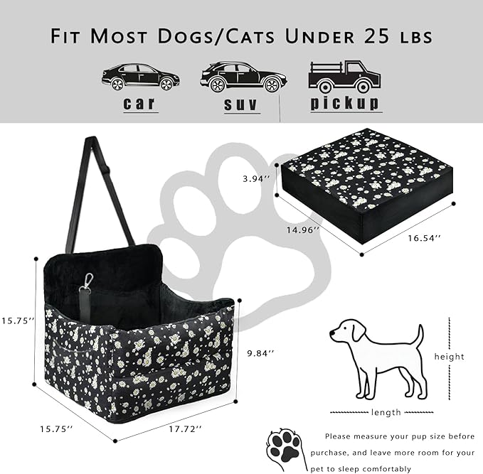 Cullaby Dog Car Seat for Small/Medium Dogs – Elevated Booster Seat with Detachable, Washable Cover, Safety Belts, and Storage Pockets Car Back Seat (Black Daisy, 15.75 * 17.72 * 9.84")