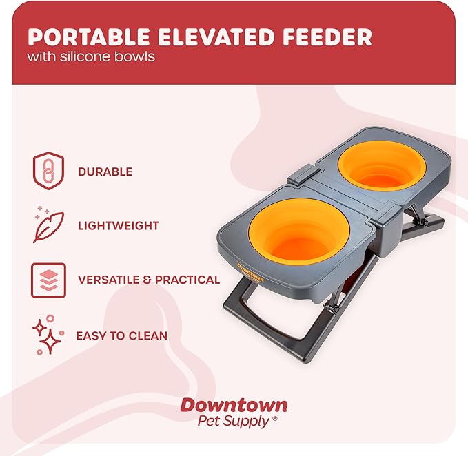 Downtown Pet Supply Raised Dog Bowl - Portable Feeder for Travel - Collapsible Silicone Design - 5 Cups Capacity - Lightweight Pet Feeder - Ideal for Small, Medium & Large Dogs - Dog Feeding Station