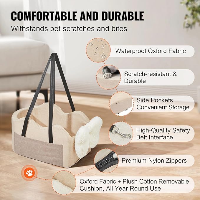 Happybuy Console Dog Car Seat, Center Console Dog Booster Seat for Small Dog, Pet Car Seat for Car Armrest with Clip-On Leash, Adjustable Straps, Supports up to 8lbs, Light Brown