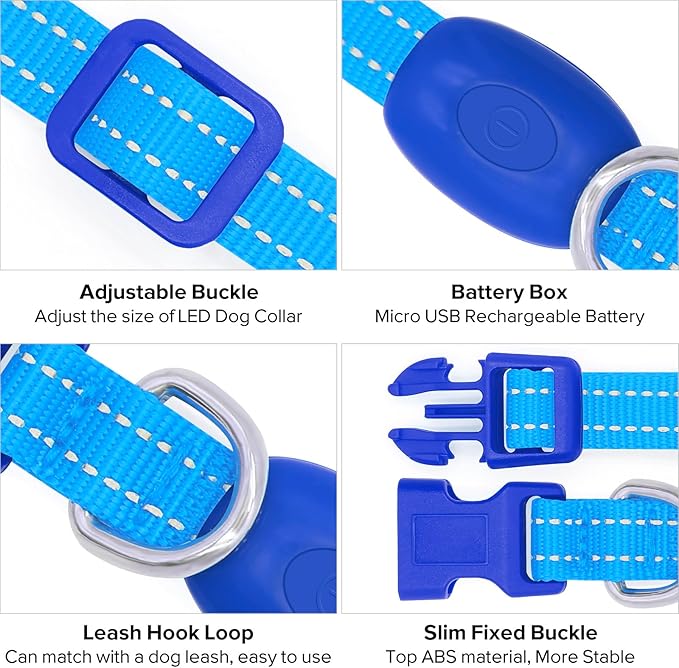 Candofly Light Up Dog Collar - USB Rechargeable Glowing Puppy Collar, Glow in The Dark Dog Lights for Night Walking Camping(X-Small, Blue)