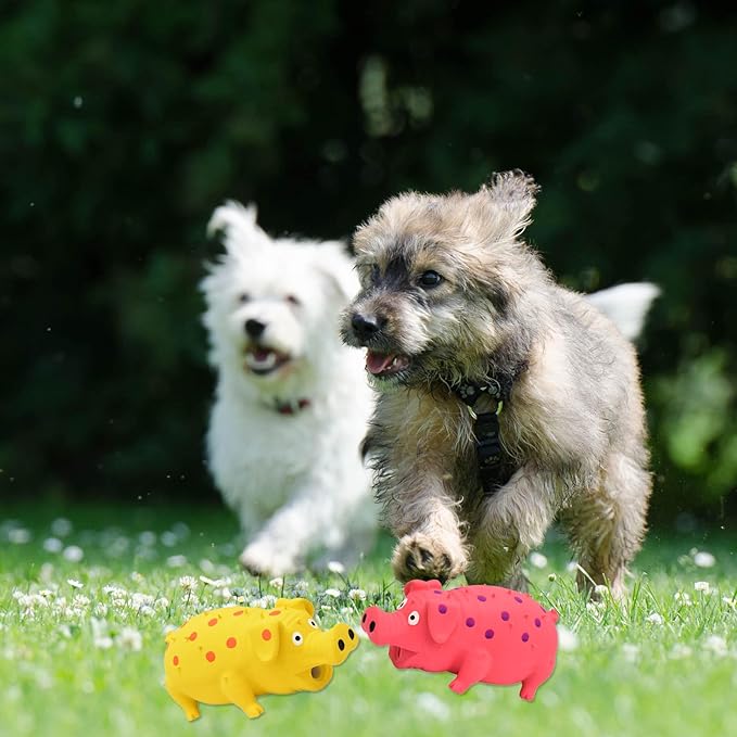 Pig Squeaky Dog Toy, 2 PCS Interactive Rubber Dog Chew Toy - Durable Latex Spot Grunting Pig Toys That Oink for Small Medium Large Dogs (Yellow, Pink)
