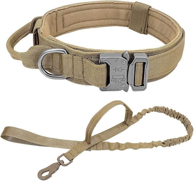 Military Tactical Dog Collar Leash German Shepard Medium Large Dog Collars Lead for Walking Training Dog Collar Control Handle Yellow Set L