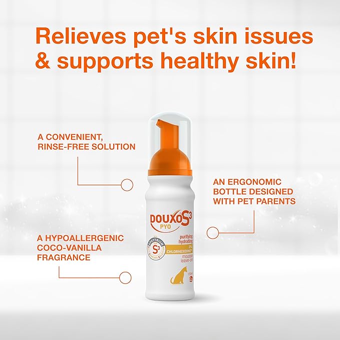 Douxo S3 Pyo Mousse, Contains 3% Chlorhexidine & 0.5% Ophytrium, Antiseptic & Hydrating, for Bacterial or Yeast Skin Infections, for Dogs, 5 fl. oz. (150mL)