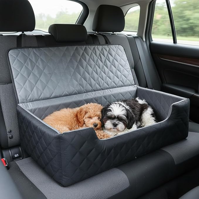 Dog Car Seat for Large Medium Dogs, Dog Booster Seat for 2 Small Dogs Memory Foam, Travel Safe Bed with Safety Belts Detachable Washable, Anti-Slip Base