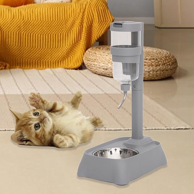 Pet Feeder Waterer Water Bottle Stand Adjustable Height 2 in 1 Food Container Automatic Food Feeder Dog Bowl for Rabbits Cat, Gray