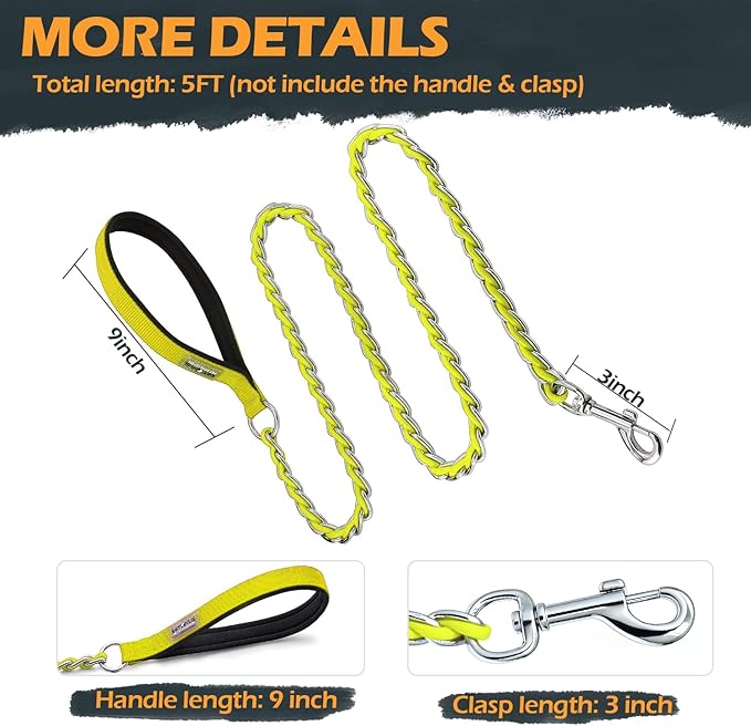 Chew Proof Metal Leash Chain Dog Leash for Medium Large Dogs, Chain Link Anti Chew 5FT Strong Anti Bite Comfortable Soft Padded Handle Yellow