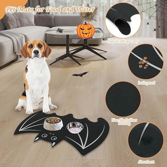 Halloween Pet Mat for Food and Water, Pet Feeding Mat for Dog Cat Bowl Absorbent Anti-Stain Non-Slip Quick Dry Easy Clean Floor Placemat, Pets Accessories Indoor (Bat)