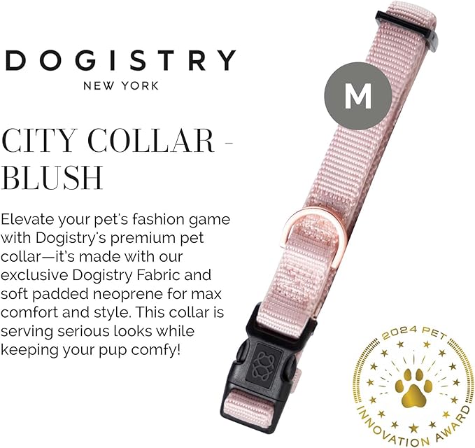 The DOGISTRY - City Collar - Blush - Premium Dog Collar with Padded Neoprene & Signature Fabric - Refined Design & Everyday Luxury - Medium