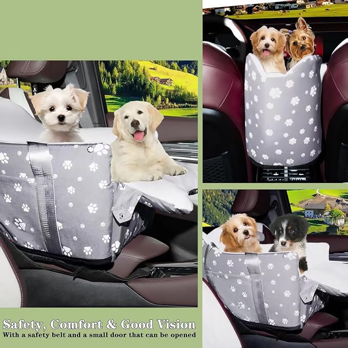 Cullaby Center Console Dog Car Seat for Medium Dogs - Portable Dogs Armrest Booster Seat, Anti-Collapse Pet Car Seat with Soft Cushion Safety Belt, Support Pet Up to 25lbs (Grey)