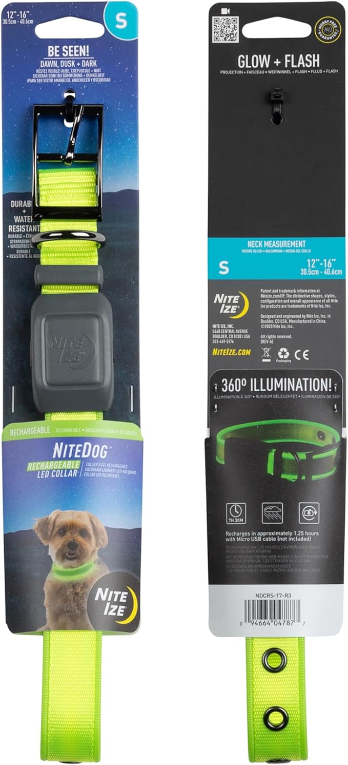 Nite Ize NiteDog Rechargeable LED Collar - Light Up Dog Collar with Durable Metal Buckle - Water-Resistant & Rechargeable Collar - Dog Supplies for Night Activities - Small, Lime