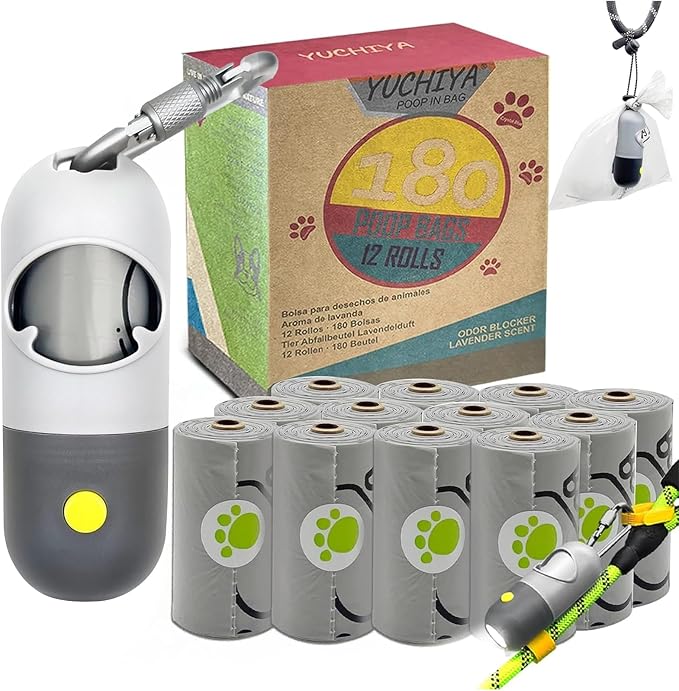 Dog Poop Bag Dispenser with Flashlight|Holder with Leash Clip|Hands-Free Leash Poop Bag Holder with Straps and 1 Roll Dog Waste Bags (Light Gray,1 Holder 195 Bags)