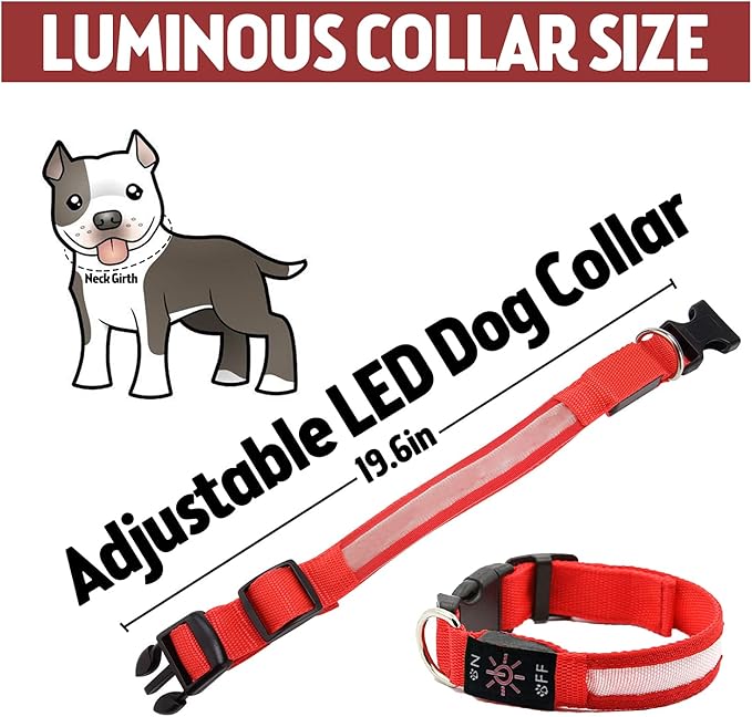 LED Dog Collar, Reflective Dog Collar, USB Rechargeable with 100% Waterproof Luminous Collar, Suitable for Medium and Large Dogs (Red, M)