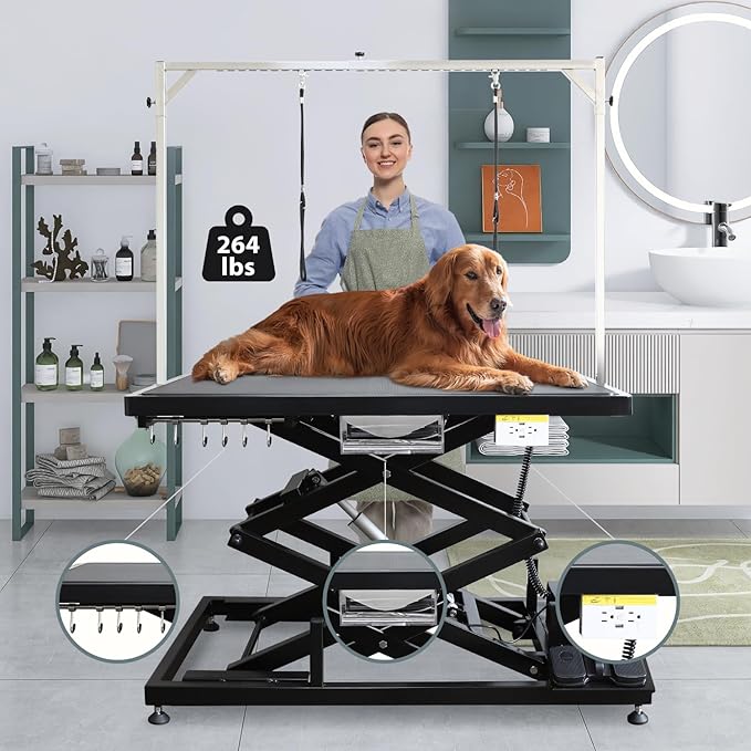 Electric Pet Dog Grooming Table, 50" Heavy Duty Grooming Table Professional Double X-Lift for Large Dogs Adjustable Height: 12"-45.8" Non-slip, AC Outlets, Storage Tray, 2 Nooses, Black