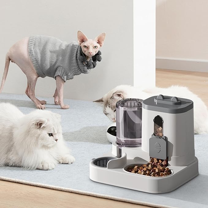 2-in-1 Automatic Feeder & Water Dispenser, Automatic Dog Water Dispenser for Small to Medium Dogs Cats, Large Capacity (Grey)