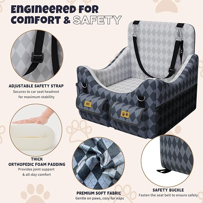 Dog Car Seat for Small/Medium Dogs up to 35lbs, 4-Pocket Storage Memory Foam Dog Booster Seat, Detachable Washable Pet Car Seat with Safety Belt, Outdoor & Indoor Use