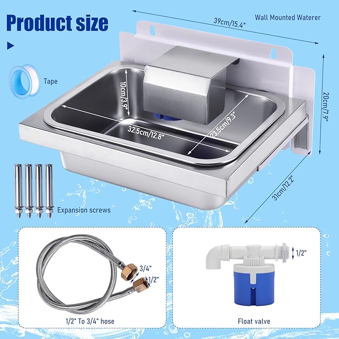 3 Gal Automatic Dog Water Bowl Dispenser for Dogs Metal Auto Pet Waterer Bowl Wall Mounted Self Refilling Water Trough with Float Valves Pet Waterer for Livestock Dogs Cat Horse