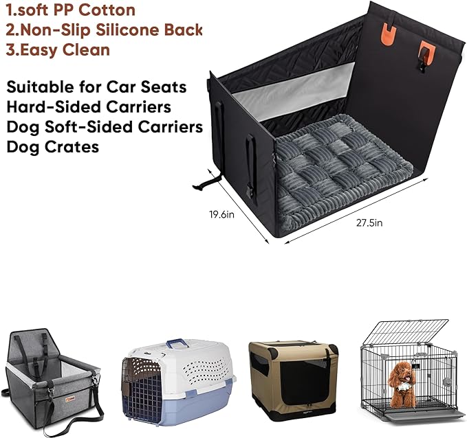 Dog Car Seat Mat for Carriers & Crates, Non-Slip Gray Pet Travel Bed with Soft PP Cotton, Machine Washable Dog Cushion for Car Seats, Hard-Sided Carriers, Soft-Sided Carriers, pet Crates (27.5"x19.6")