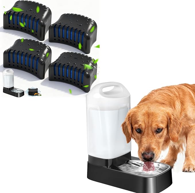 Automatic Dog Water Bowl Dispenser with 4 Filter - 2.4 Gal Large Gravity Auto Pet Water Feeder Waterer with Stainless Steel Bowl & Easy Carry Handle for Large Dog Cat Multi Pet Use