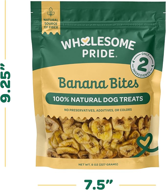 Wholesome Pride Banana Bites Dog Treats – 2-Ingredient Banana Chips for Dogs, Grain-Free, Banana & Coconut Oil, 8 oz