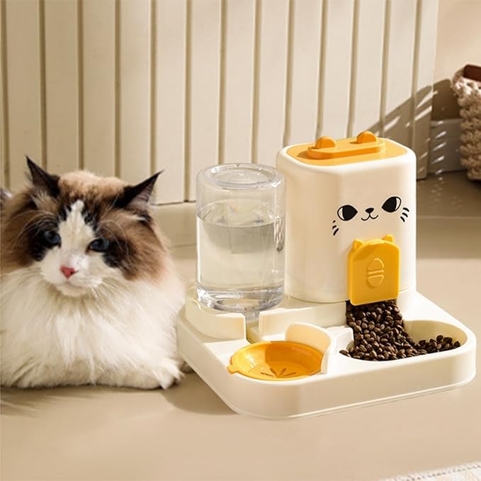 2 in 1 Automatic Pet Feeder and Water Dispenser with 1800ml Food Capacity, 800ml Water Container for Cats and Small Dogs, Travel Feeding Station- Yellow