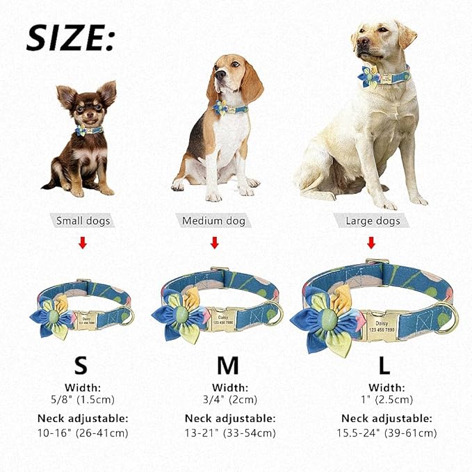 Custom Flower Dog Collar Nylon Floral Printed Pet Dog Collars Personalized Puppy Collar for Small Medium Large Dogs Cat Pitbull 168 Blue M