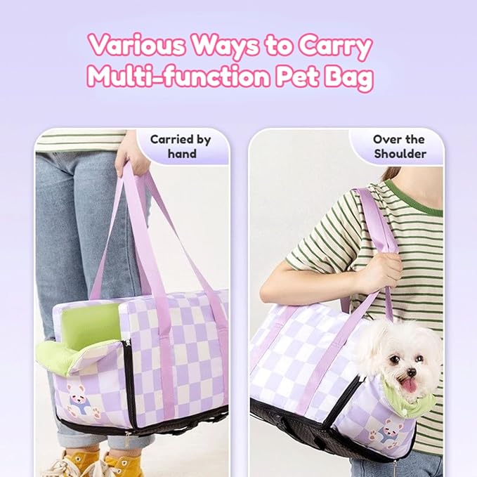 Center Console Dog Car Seat for Pets Up to 15 lbs, Detachable, Washable Cushion, Anti-Slip, Perdurable Oxford Fabric Dogs Cats Portable Travel Carrier, Safety Belt Leash (Purple Plaid, 45cm*25cm*22cm)
