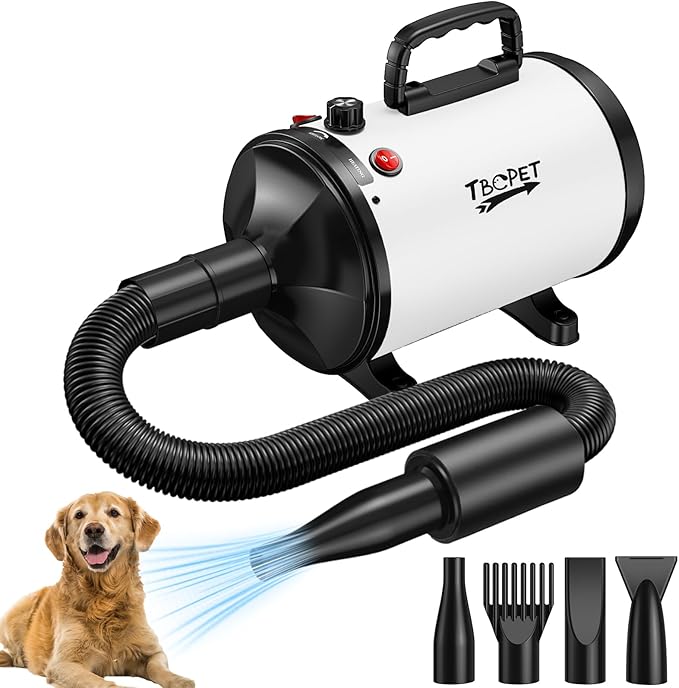 Dog Dryer High Velocity Dog Hair Dryer 5.2HP/3800W, Stepless Adjustable Speed Temperature Dogs Grooming Blow Dryer, Pet Dryer with 4 Nozzles,Blow Dryer for dogs, White