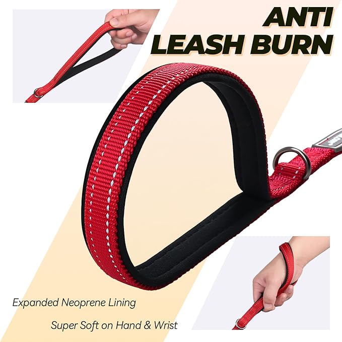VIVAGLORY Twingrip Dog Leash, Double Handle Dog Leash for Training & Walking with Traffic Handle & 2 Loop, Traffic Control Reflective Heavy Duty for Puppy Pet, 6ft x 1/2in, Red