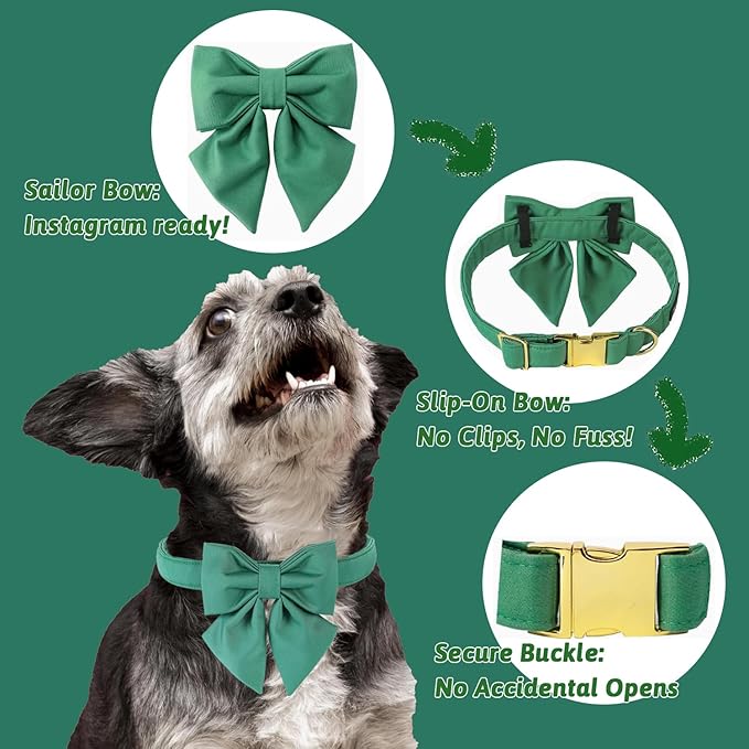 Maca Bates Jade Green Dog Collar with Cute Solid Sailor Bow Tie for Large Girl Boy Dogs,Adjustbale Durable Breakaway Soft Collars with Bowtie for Female Male Puppy,Pet with Metal Buckle
