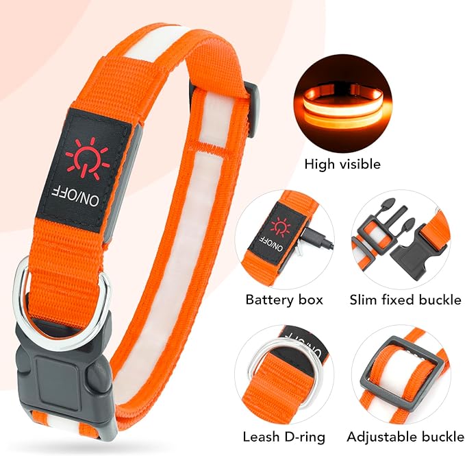 Vizpet LED Dog Collar, Light Up Dog Collar Adjustable USB Rechargeable Super Bright Safety Light Glowing Collars for Dogs(X-Large,Orange)