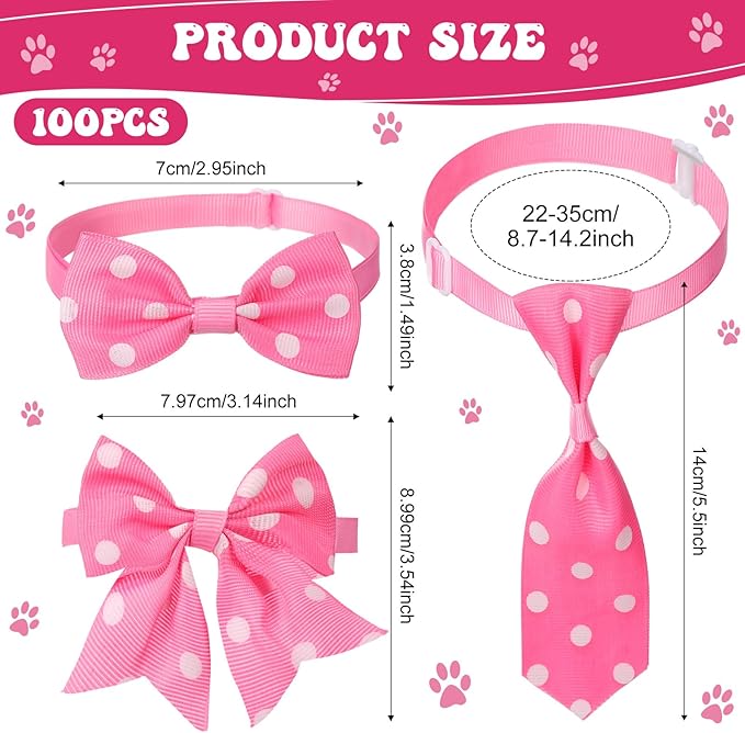 Reginary 100 Pieces Dog Bow Tie Collar Set Include 40 Dog Neckties, and 30 Puppy Bowties, 30 Collar Flowers, Adjustable Pet Ties Grooming for Small Medium Cats Pets Supply(Dot)