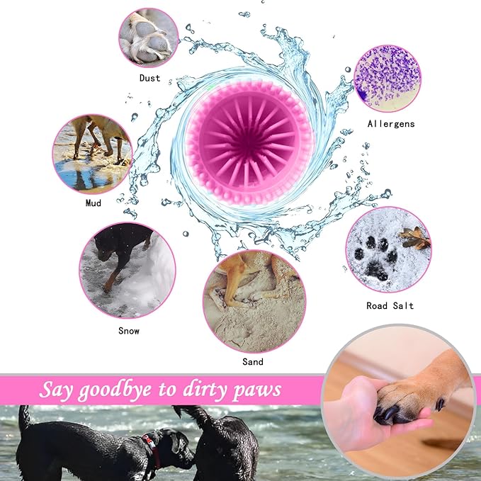 Dog Paw Cleaner for Meduim/Small Breed Dogs with 3Pcs Absorbent Towels & Graspable Dog Bath Brush (Pink, Medium)