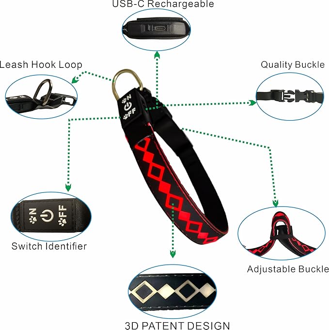 Personalized Flashing Night Dog Collar with Waterproof airtag Holder for Black Dog Night Walking (Blue, L(15.7-19.7"))