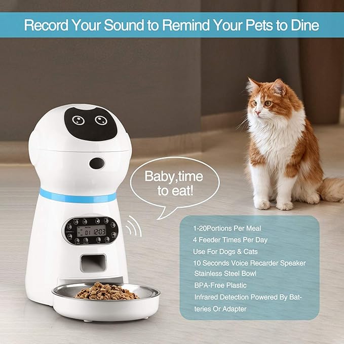 Automatic Cat Food Dispenser with Stainless Steel Food Bowl,Pet Feeder 1-4 Meals Per Day Timer Programmable Voice Recorder and Portion Control 3.5L Capacity for Cats and Dogs