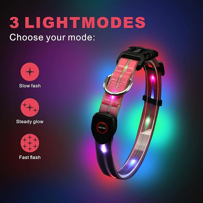 Light up Dog Collars,LED Dog Collar Rechargeable,Glow in Dark Dog Lights for Walking at Night for Small Medium, Large Dogs (Purple Pink)
