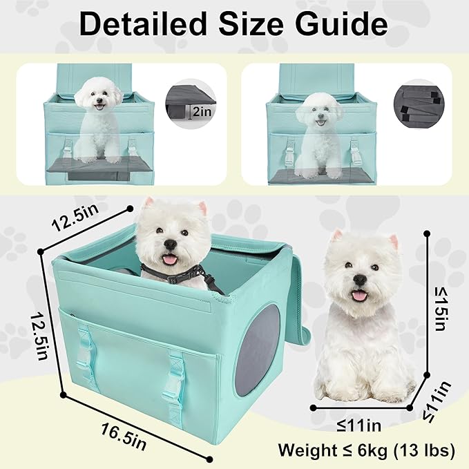Dog Travel Seat, Pet Booster Seat for Small Dogs with Safety Tether Leash, Machine Washable, Durable and Keeps Shape, Breathable Mesh Sides, Storage Pocket in Front, Fits Car Truck SUV, Green