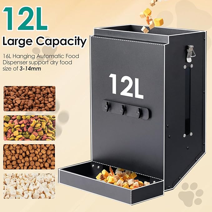 Hanging Cage Automatic Dog Feeder Large Breed,12L Dog Food Dispenser with Large Feeding Mouth Kennel-Gravity Pet Cage Feeder Galvanized Steel for Pet Crate & Metal Wire Kennel Indoor & Outdoor