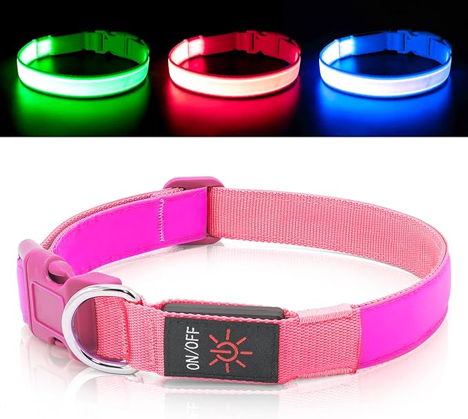 LED Dog Collar Light Up Dog Collars Red Light USB Rechargeable, Adjustable Size Heavy Duty TPU Nylon Webbing Glow Safety Basic Dog Collars for Large Medium Dogs (M,Candy Pink)