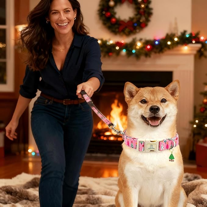 Lionheart glory Christmas Dog Collar, Pink Christmas Tree Fall Cute Dogs Collar Adjustable Soft Comfortable Collars for Medium Dogs Girl or Boy Pet Gift