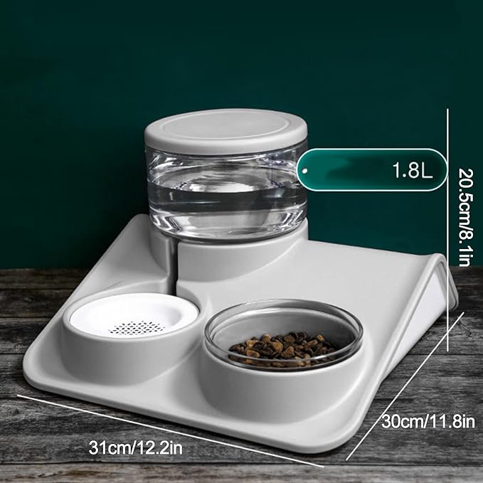 2-in-1 Double Dog Cat Bowls, Pet Water and Food Bowl Set, 1.8L Automatic Water Dispenser Detachable Bowl No-Spill Dog Waterer, Pet Feeder Auto Pets Waterer for Cat and Small Dog (Grey)