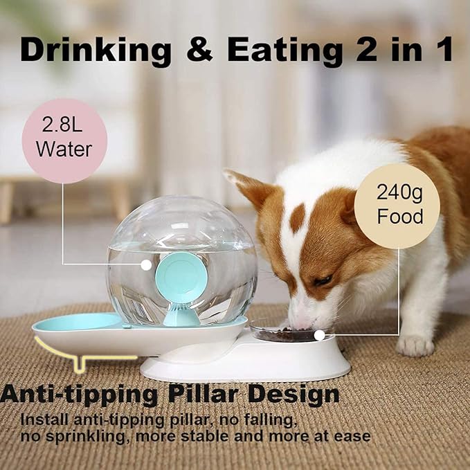 Double Dog Cat Water and Food Bowl Set,Automatic Water Dispenser Feeder Bowls,2.8 L Detachable No-Spill Snail-Shaped Self-Dispensing Gravity Waterer Fountain for Cat Dog Puppy Kitten