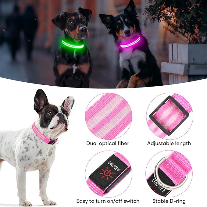 BSEEN Light Up Dog Collar, Glowing LED Dog Collar Rechargeable Lighted Pet Necklace Safety Dog Lights for Night Walking (Pink, Large)