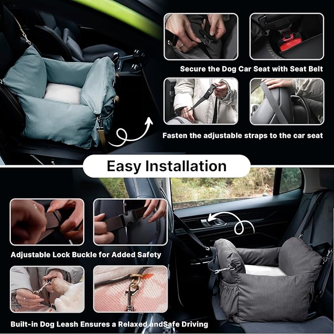 Dog Booster Car Seat for Small Dogs with Heavy Duty Safety Belt and Lock, Waterproof Detachable Dog Travel Bed for Car with Storage Pocket Up to 25lbs, Memory Foam Filling for Max Support