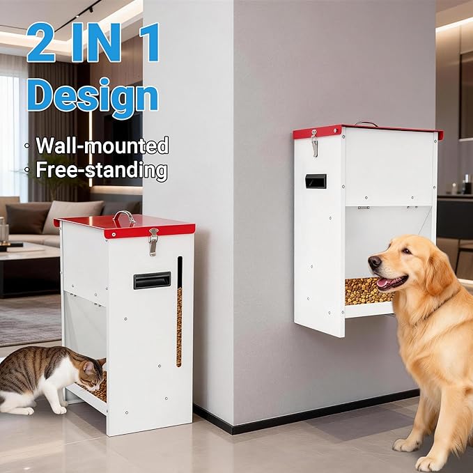 Heavy-Duty Metal Dog Feeder - 50LBS Food Capacity Automatic Gravity Dispenser, Powder Coated & Waterproof for Indoor & Outdoor Use, 16.1" L x 12.2" W x 27.8" H, Red and White