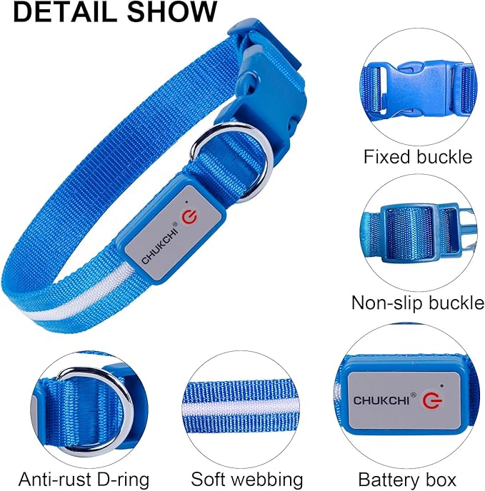 CHUKCHI LED Dog Collar Rechargeable,Waterproof Flashing Collar,Light Up Glow Collar, Adjustable Soft Safety Light Up for Small Medium Large Dogs Walking Camping at Night (Blue-M)