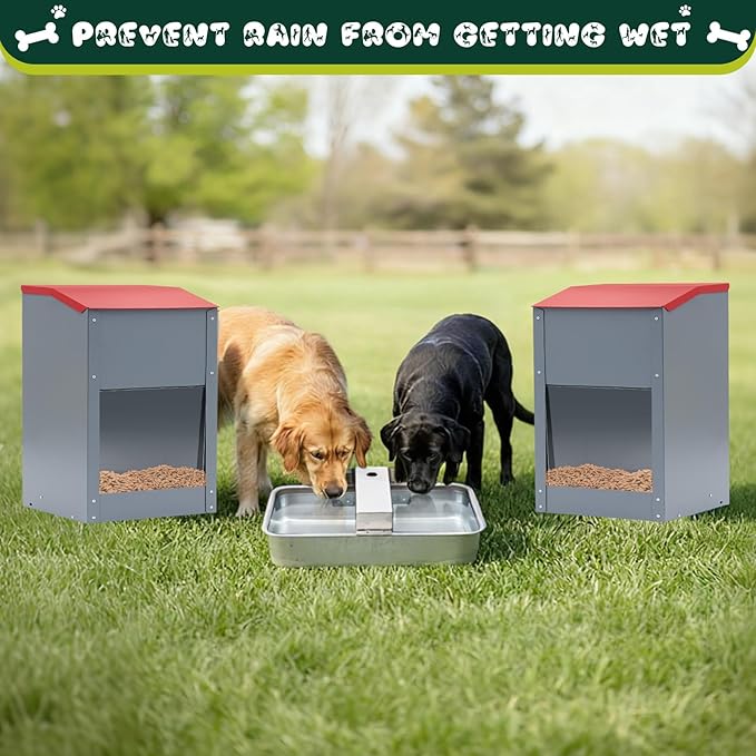 2 Pcs Automatic Dog Feeders for 2 Dogs and 1 Water Dispenser 25 Pound Large Breed Gravity Food Feeder Dispenser 2.2 Gallon Automatic Pet Waterer for Large Breed Cats Pets Livestock Chicken