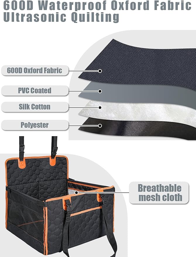Dog Car Seat for Large Dogs,Waterproof Fabric with Breathable Mesh&Adjustable Dog Seat Belt for Car,Dog Bed for Back Seat Up to 25 LB-Small Orange