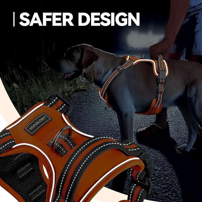 VIVAGLORY Dog Harness Easewalk No Pull Dog Harness with Handle Front Clip & Back Clip for Training Walking Lifting, No Pull Adjustable Easy On Padded Comfortable for Pet, XL, Orange - Patterned